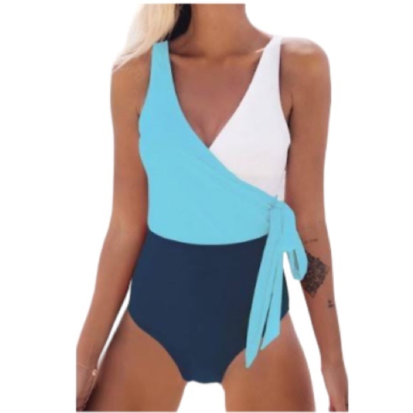 CUPSHE One Piece Blue Swimsuit Wrap Color Block with Tie Size Medium - Picture 3 of 16